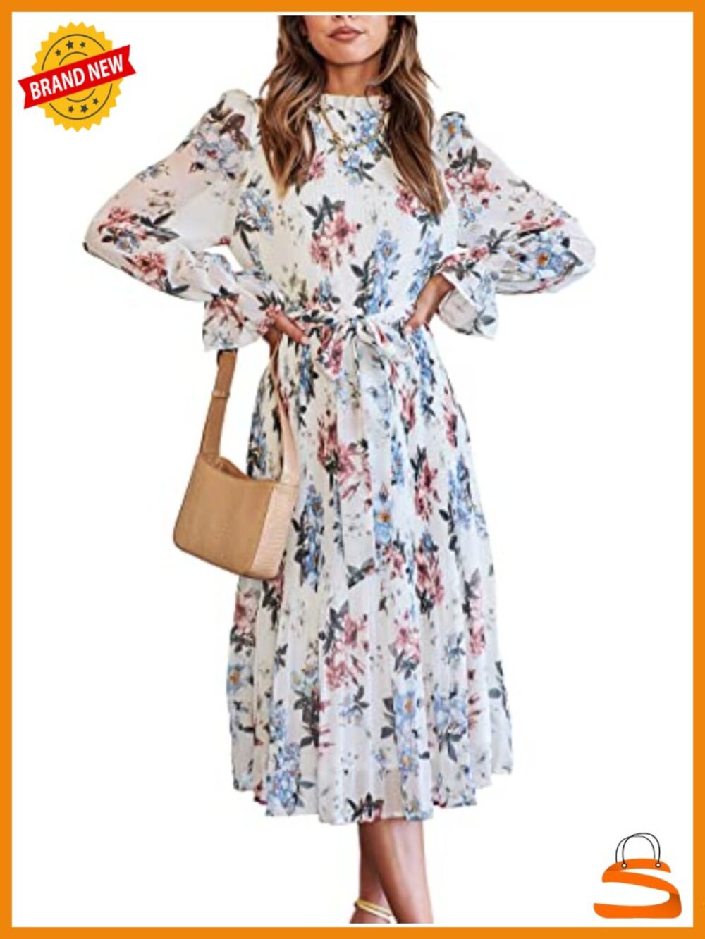 Women's Floral Midi Dress Puff Long Sleeve Smocked A-Line Chiffon